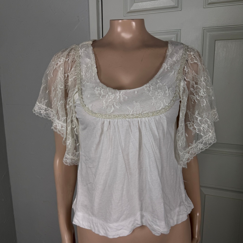 Vintage Y2K Free People Shirt XS Cotton Sheer Lace Flutter Sleeve Knit Boho E4-8
